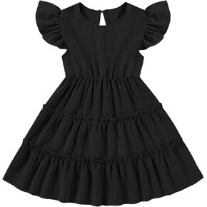 Toddler Baby Girls Dress Solid Little Girl Summer Dress Swiss Dot Round Neck Ruffled Sleeves for Holiday Party