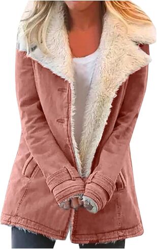 QWENTMTNTY Winter Coats for Women Fleece Lined Plus Size Sherpa Jacket Fashion Lapel Thicken Coat Thermal Outerwear Pockets in Kuwait