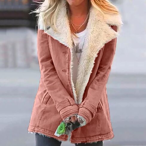 QWENTMTNTY Winter Coats for Women Fleece Lined Plus Size Sherpa Jacket Fashion Lapel Thicken Coat Thermal Outerwear Pockets in Kuwait