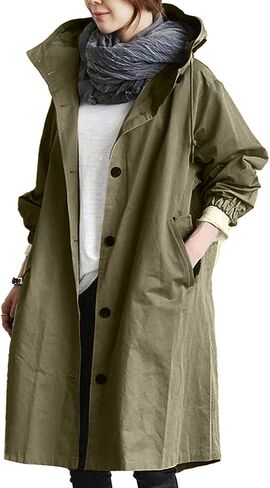 QWENTMTNTY Plus Size Trench Coats for Women Winter Trendy Long Trenchcoat with Hood Casual Oversized Single Breased Pea Coats in Kuwait