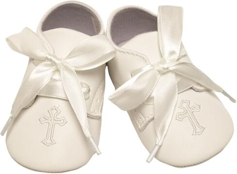 Unisex Baby Christening Shoes with Cross Embroidery and Ribbon Laces - Ideal for Baptism and Special Occasions in Kuwait