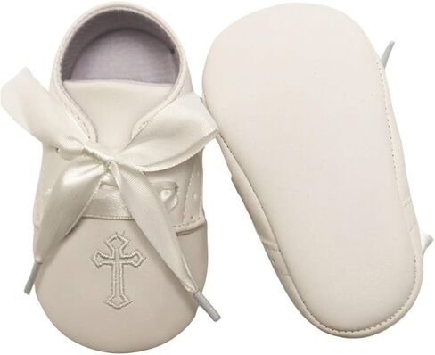 Unisex Baby Christening Shoes with Cross Embroidery and Ribbon Laces - Ideal for Baptism and Special Occasions in Kuwait