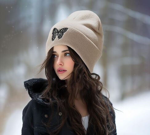 Jolife Butterfly Embroidered Cuffed Beanie Hat Unisex Knitted Skull Cap Double Layer Winter Hats, Beige One Size-Large in Kuwait