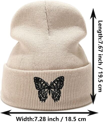 Jolife Butterfly Embroidered Cuffed Beanie Hat Unisex Knitted Skull Cap Double Layer Winter Hats, Beige One Size-Large in Kuwait