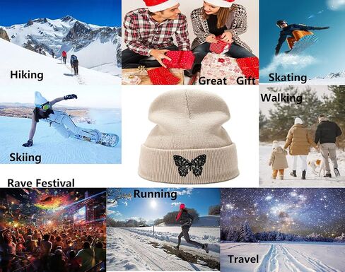 Jolife Butterfly Embroidered Cuffed Beanie Hat Unisex Knitted Skull Cap Double Layer Winter Hats, Beige One Size-Large in Kuwait