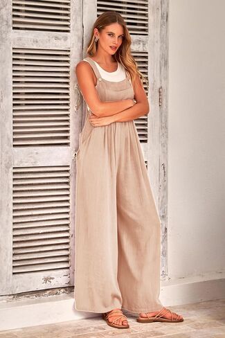 PRETTYGARDEN Women's Bib Overalls Casual Summer Sleeveless Strap Loose Wide Leg Jumpsuits with Pockets in Saudi Arabia