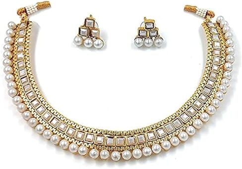 Aheli Ethnic Faux Kundan Pearl Bridal Choker Necklace Indian Traditional Bollywood Jewelry Set with Earrings for Women Girls (Red) in Saudi Arabia