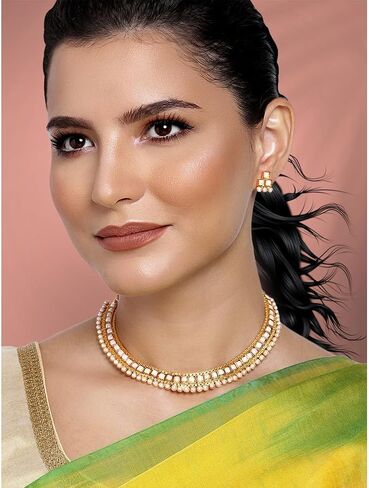 Aheli Ethnic Faux Kundan Pearl Bridal Choker Necklace Indian Traditional Bollywood Jewelry Set with Earrings for Women Girls (Red) in Saudi Arabia