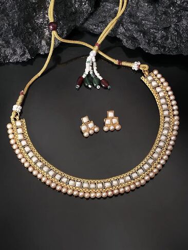 Aheli Ethnic Faux Kundan Pearl Bridal Choker Necklace Indian Traditional Bollywood Jewelry Set with Earrings for Women Girls (Red) in Saudi Arabia