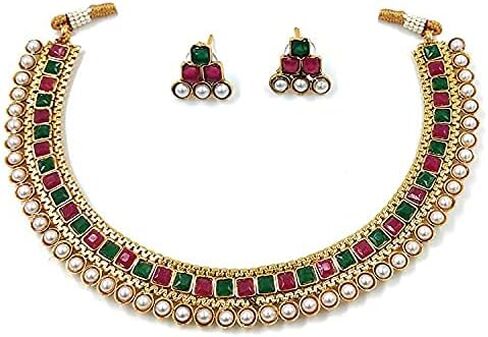 Aheli Ethnic Faux Kundan Pearl Bridal Choker Necklace Indian Traditional Bollywood Jewelry Set with Earrings for Women Girls (Red) in Kuwait