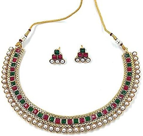 Aheli Ethnic Faux Kundan Pearl Bridal Choker Necklace Indian Traditional Bollywood Jewelry Set with Earrings for Women Girls (Red) in Kuwait
