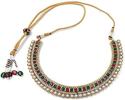 Aheli Ethnic Faux Kundan Pearl Bridal Choker Necklace Indian Traditional Bollywood Jewelry Set with Earrings for Women Girls (Red) in Kuwait