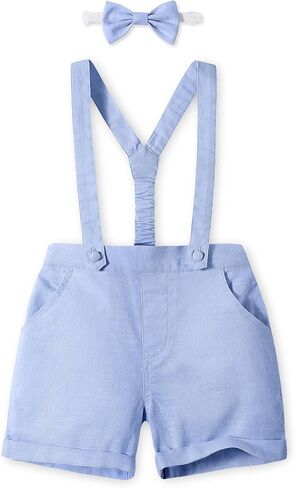Volunboy Baby Boy Cotton Linen Suspenders Shorts with Bowtie 12M-5Y | 2-piece toddler dress shorts set for ring bearer, weddings, birthday in Saudi Arabia