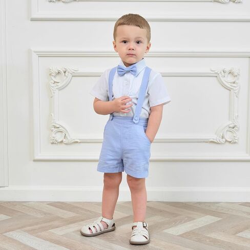Volunboy Baby Boy Cotton Linen Suspenders Shorts with Bowtie 12M-5Y | 2-piece toddler dress shorts set for ring bearer, weddings, birthday in Saudi Arabia