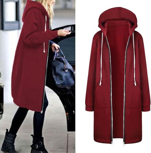 Muyise Women's Casual Zip Up Long Hoodies Tunic Sweatshirt Winter Warm Long Sleeve Hooded Outerwear Jacket Coat with Pockets in Saudi Arabia