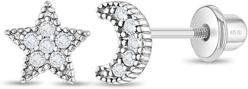 925 Sterling Silver Cubic Zirconia Moon & Star Screw Back Earrings For Girls and Teens - Screw Back Locking Excellent for Little Girls - Gorgeous CZ Cluster Star Earrings for Girls in Saudi Arabia
