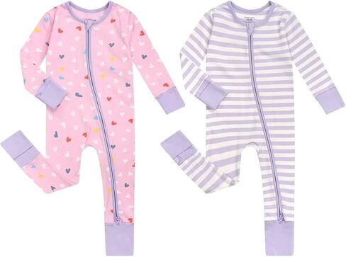 Unisex Baby 2 Pack Cotton Long Sleeve Pajamas with Mittens and Feet Cuffs | 2 Way Zipper Jumpsuit Romper Sleep and Play Stripes Printed in Saudi Arabia