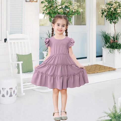Toddler Baby Girls Dress Solid Little Girl Summer Dress Swiss Dot Round Neck Ruffled Sleeves for Holiday Party in Saudi Arabia