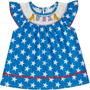 Toddler Baby Girl 4th of July Dress US Flag Plaid Short Sleeve Smocked Dresses Fourth of July Outfit for Girls