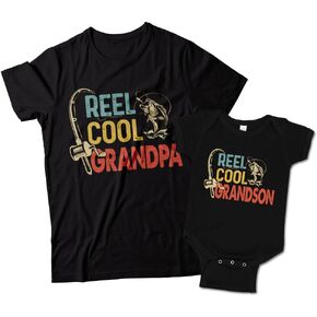 Reel Cool Grandpa and Grandson Matching T-Shirts or Baby One Piece for Fishing Grandfather and Grandbaby to wear Together on Father's Day, Birthday, Christmas and More Black