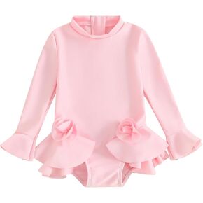 Kids Toddler Girls 3D Flower Swimsuit Flare Long Sleeve Ruffle Bodysuit One Piece Rashguard Swimsuit Bathing Suits