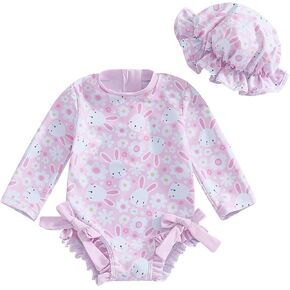 Baby Zip Up Rash Guard for Girls Bow Print Long Sleeve Swimsuit Summer Beach Bathing Suit Sun Hat Swimwear