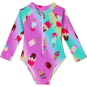 Toddler Baby Girls Ice Cream Swimsuit One Piece Bathing Suit Long Sleeve Rash Guard Shirt Swimwear