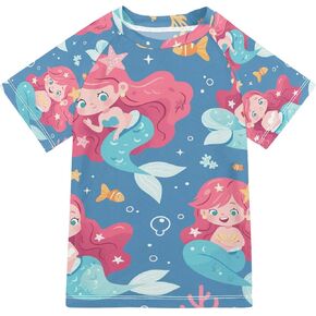 Cute Mermaid Coral Blue Bathing Suit Kids Short Sleeves Sports Clothes Swimwear Beach Tops 3T