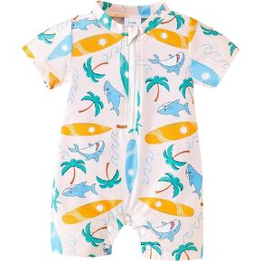 Moonker Short Sleeve Toddler Swimsuit Baby Boy Girls Rash Guard Swimsuit Short Sleeve Cute Print Zipper Bathing