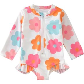 Baby Girls Long Sleeve Rash Guard Swimsuit Toddler Kids Summer Floral Pattern Graphic Zipper Down Ruffle Bathing Suit