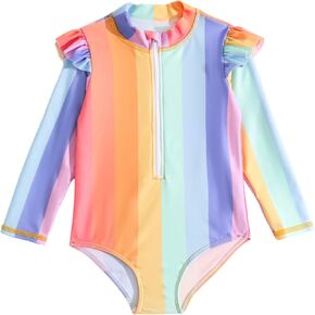 Baby Girls Long Sleeve Rash Guard Toddler Swimsuit Shirt Tops Rainbow Stripes Swimwear Zipper Bodysuit