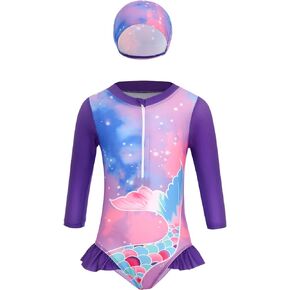 Baby Girl Swimsuit Mermaid Tail Print Long Sleeve Rash Guard with Hat Swimwear One Piece Bathing Suit