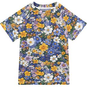 Spring Flowers Tickseed Blue Kids Bathing Suits Girls UV Protection Baseball Shirts Swimwear Beach Tops 3T