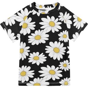 Daisy Flowers on Black Bathing Suit Kids Sun Protection Workout Shirts Swimwear Beach Tops 3T