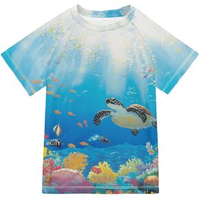 Cartoon Sea Turtle Corals Kids Bathing Suit Sun Protection Shirts Swimwear Beach Tops 3T