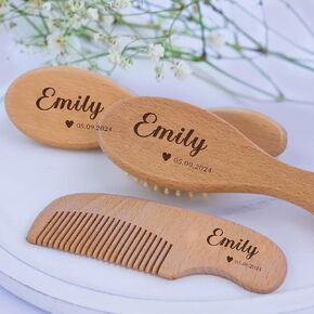 Personalized Baby Brush and Comb Set for Newborn Wooden Baby Brush Set Soft Baby Hair Brush Set Cradle Cap Brush Personalized Baby Gifts for Girls Boys Newborns Toddler (Design 3)
