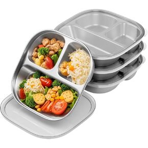 Stainless Steel Kids Plates,Set of 4 Toddler Plates with Lids - 4 Compartments Stainless Steel Snack Container for Kids Non Toxic & 100% BPA Free