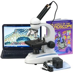 AmScope M149C-WM-E Digital Compound Monocular Microscope, WF10x and WF25x Eyepieces, 40x-1000x Magnification, LED Illumination, Brightfield, Single-Lens Condenser, Plain Stage, 110V or Battery-Powered, Heavy-Duty Metal Frame, Includes Book, 0.3MP Camera a