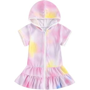 Girls Swim Cover Up Terry Swimsuit Coverup Beach Pool Kids Zip Up Robe Short Sleeve Summer Swimwear with Pocket