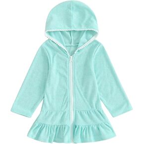 Swimwear Cover Up for Girls Terry Swim Cover Ups Hooded Kids Zip-up Beach Bathing Short Sleeve Swimsuit with Pocket