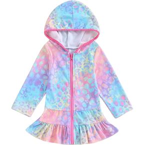 Toddler Girls Swimsuit Cover Ups Long Sleeve Zip Up Ruffle Hooded Beach Bathing Suit Kids Summer Bathing Suit