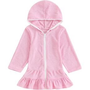 Girls Swim Cover Up Kids Swimsuit Coverup Terry Zip-Up Beach Bathing Suit Wraps Short Sleeve Swimwear with Pocket
