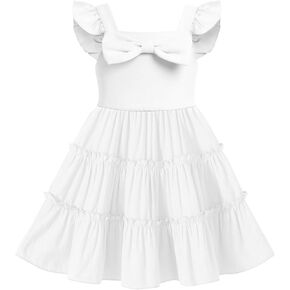 Vogseek 2-6T Toddler Girl Bowknot Dress Kids Summer Flutter Sleeve Dresses Elastic Ruffle Sundress