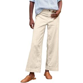 Wide Leg Linen Pants Woman Elastic High Waist Cropped Pants Trendy Lounge Pant Summer Business Casual Work Pants with Pockets