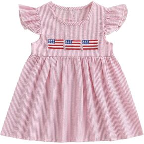 Toddler Baby Girl 4th of July Outfit Flag/Bow Embroidery Smocked Dresses Fourth of July Dress Patriotic Clothes
