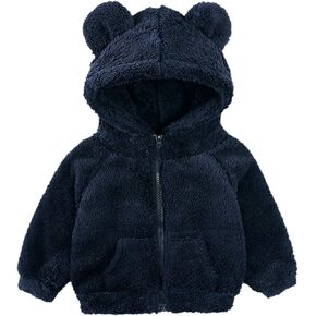 Toddler Solid Fuzzy Fleece Lined Zipper Hooded Jacket Kids Fall Winter Warm Bear Coat Boys Thicken Windproof Outwear