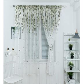 Linen Sheer Curtains Window Treatments Rod Pocket for Living Room Bedroom Fresh Simple Wicker Embroidery (2 Panels, W 54 x L 95 inch, White)