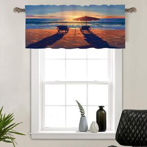 1 Panel Cartoon Sky Seaside Sunset Window Valances, Rod Pocket Coastal Beach Nature Landscape Short Curtains Window Treatment for Kitchen, Bathroom, Bedroom Decor, 54" W X 18" L