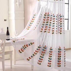 Linen Sheer Curtains Window Treatments Rod Pocket for Living Room Bedroom Colorful String Grass Embroidery (2 Panels, W 54 x L 72 inch, White)