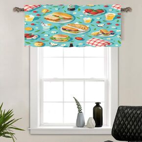 1 Panel Colorful Cartoon Food Window Valances, Rod Pocket Cute Daisy Lemon Hamburger Beer Fruit Short Curtains Window Treatment for Kitchen, Bathroom, Bedroom Decor, 54" W X 18" L
